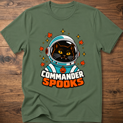 Military green crew-neck T-shirt with cat astronaut graphic and Halloween leaves.