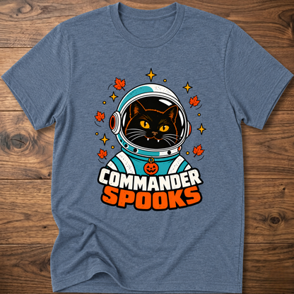 Navy crew-neck T-shirt with cat astronaut graphic and Halloween leaves.