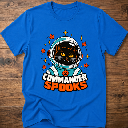 Royal blue crew-neck T-shirt with cat astronaut graphic and Halloween leaves.