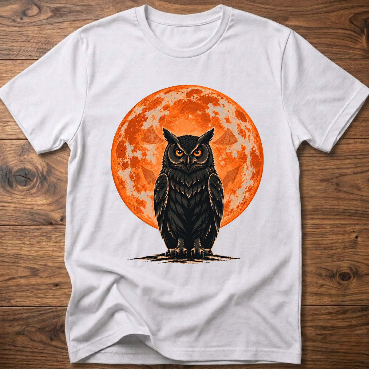 White T-shirt with owl graphic, orange moon behind, jack-o'-lantern style