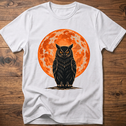 White T-shirt with owl graphic, orange moon behind, jack-o'-lantern style