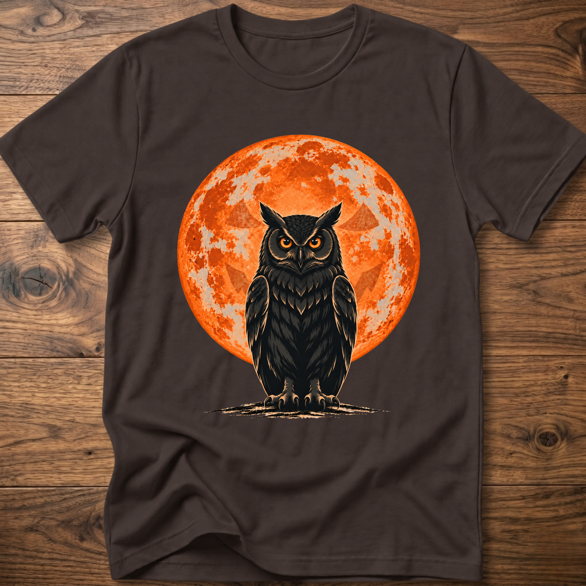 Brown T-shirt with owl graphic, orange moon behind, jack-o'-lantern style