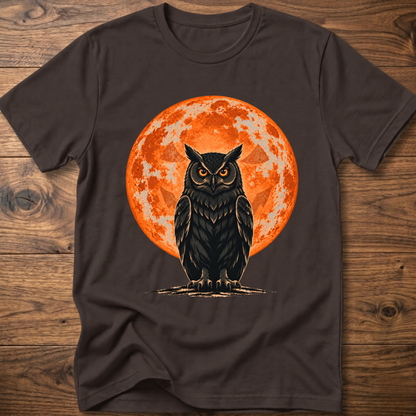 Brown T-shirt with owl graphic, orange moon behind, jack-o'-lantern style