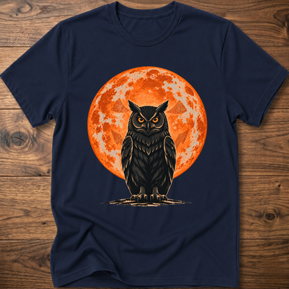 Navy T-shirt with owl graphic, orange moon behind, jack-o'-lantern style