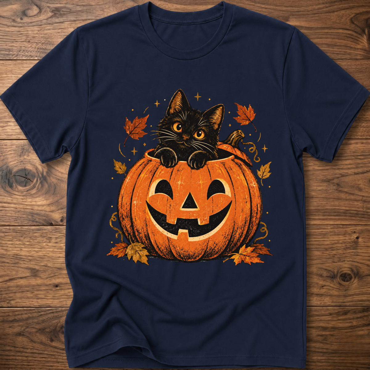 Navy crewneck t-shirt with cartoon black cat holding a jack-o’-lantern pumpkin graphic