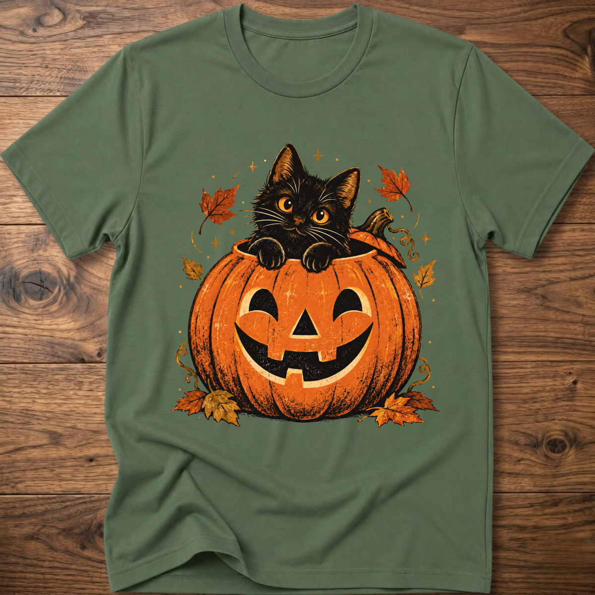 Military green crewneck t-shirt with cartoon black cat holding a jack-o’-lantern pumpkin graphic