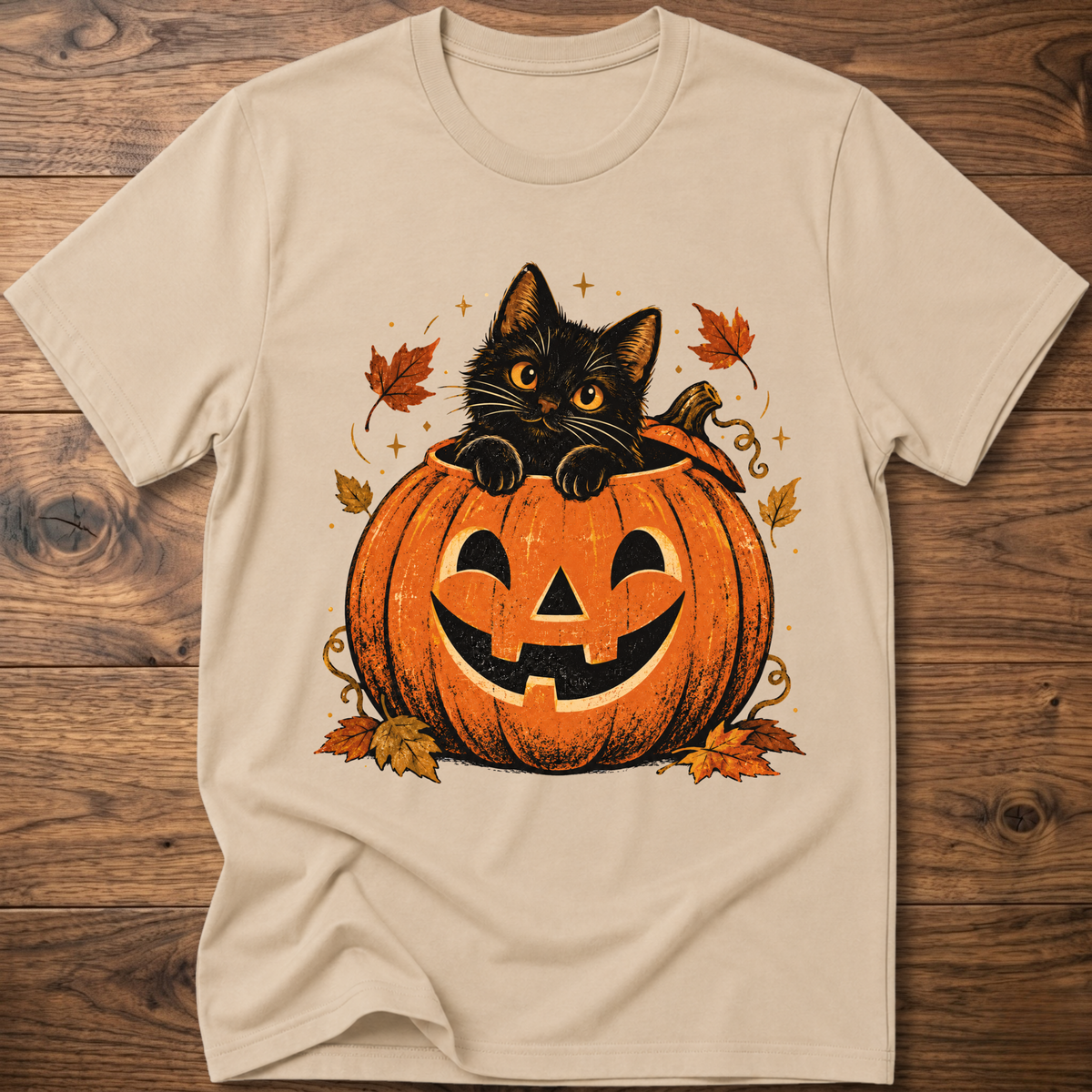 Beige crewneck t-shirt with cartoon black cat holding a jack-o’-lantern pumpkin graphic