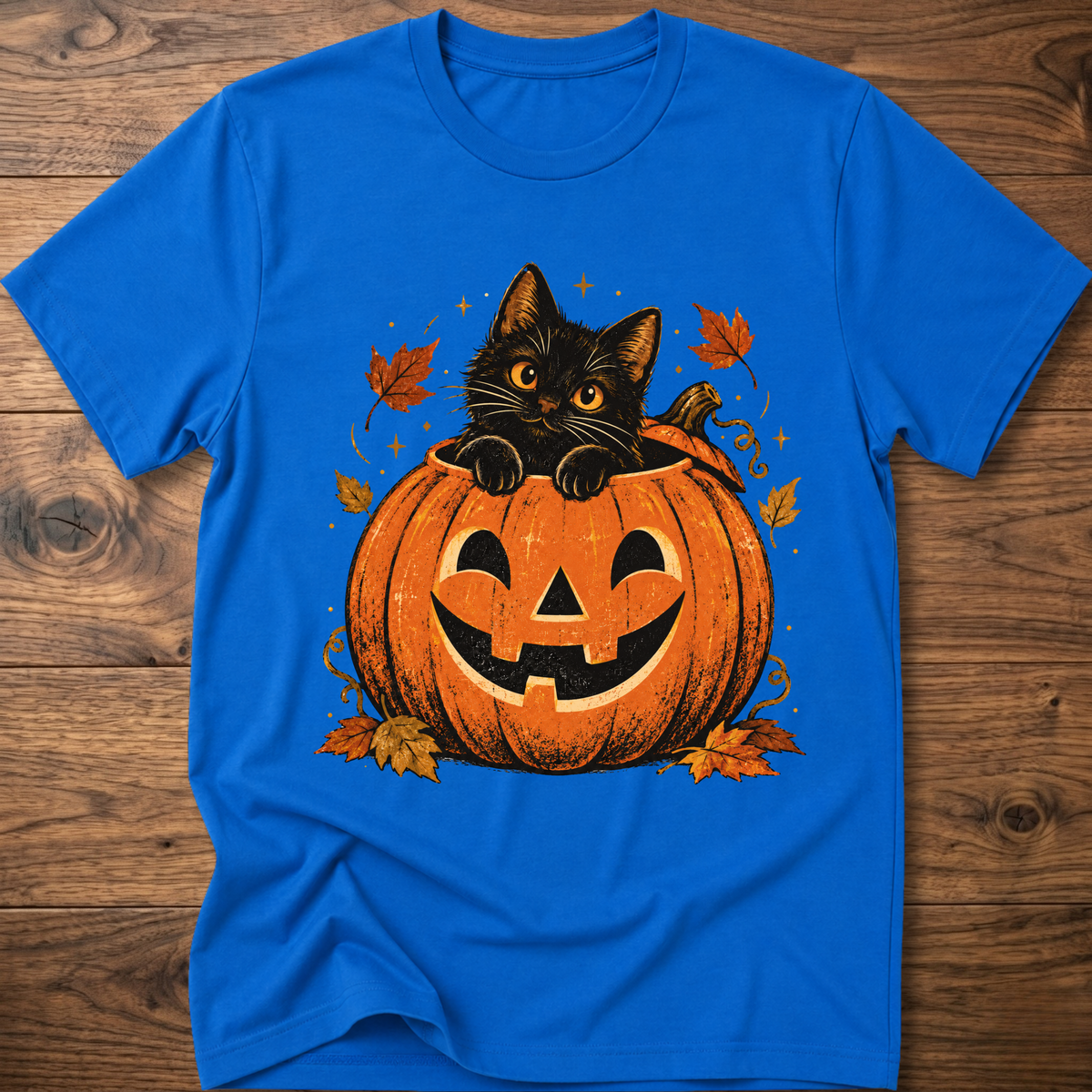 Royal blue crewneck t-shirt with cartoon black cat and jack-o’-lantern pumpkin graphic