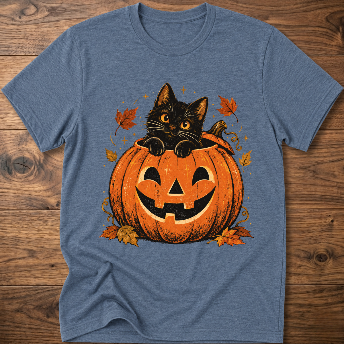 Heather blue crewneck t-shirt with cartoon black cat and jack-o’-lantern pumpkin graphic