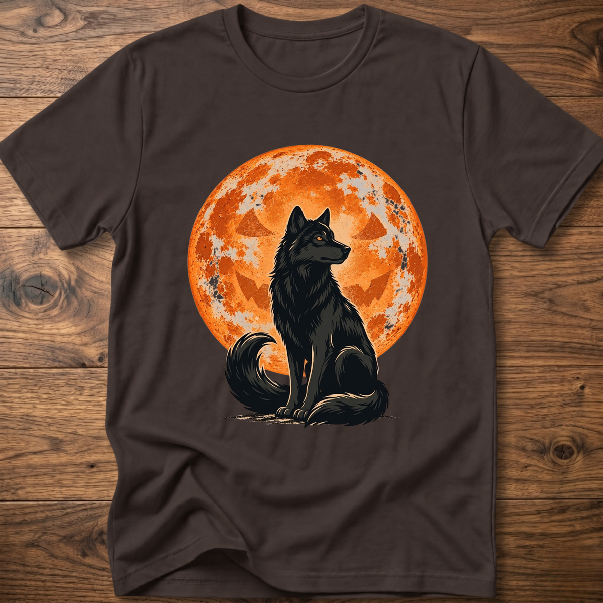 Black crew-neck t-shirt with black wolf under orange full moon graphic