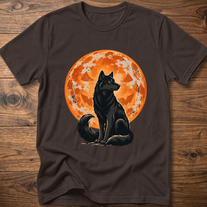 Black crew-neck t-shirt with black wolf under orange full moon graphic