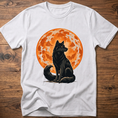 White crew-neck t-shirt with black wolf under orange full moon graphic