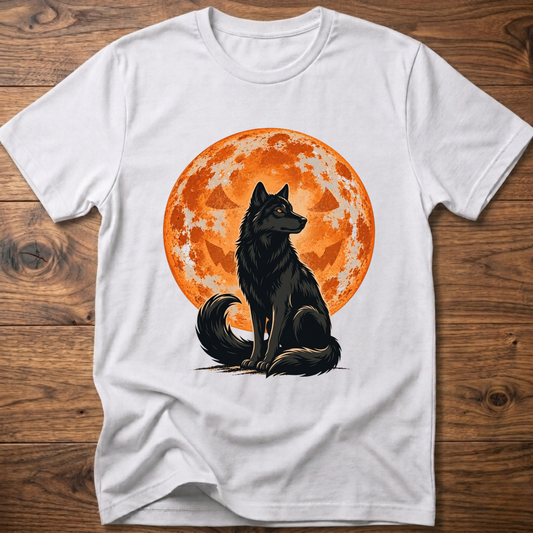 White crew-neck t-shirt with black wolf under orange full moon graphic