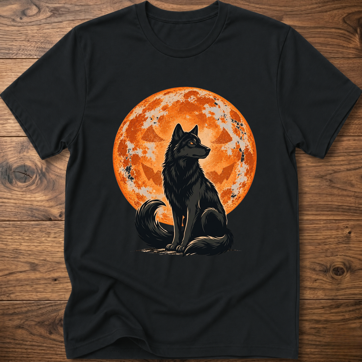 Black crew-neck t-shirt with centered wolf and orange full moon print