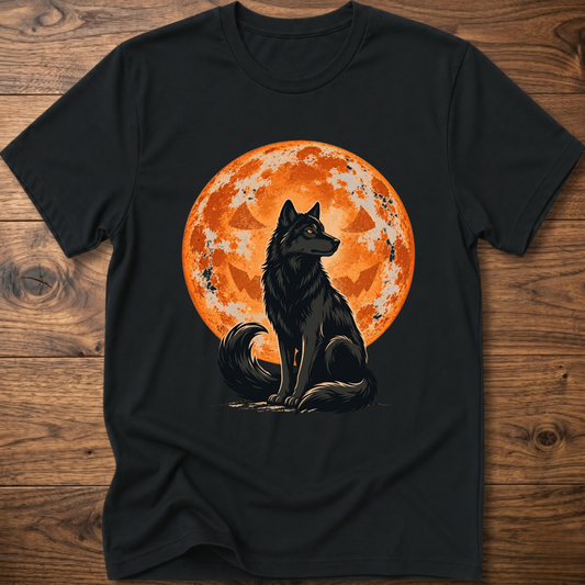 Black crew-neck t-shirt with centered wolf and orange full moon print