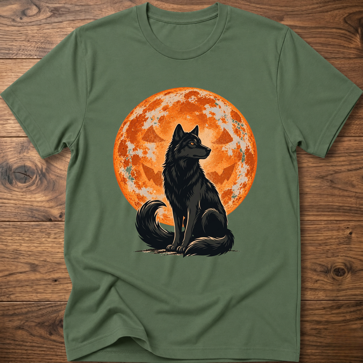 Green crew-neck t-shirt with black wolf under orange full moon graphic