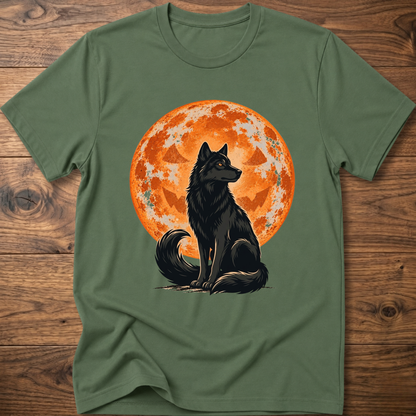 Green crew-neck t-shirt with black wolf under orange full moon graphic