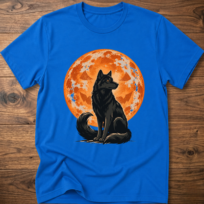 Royal blue crew-neck t-shirt with black wolf under orange full moon graphic