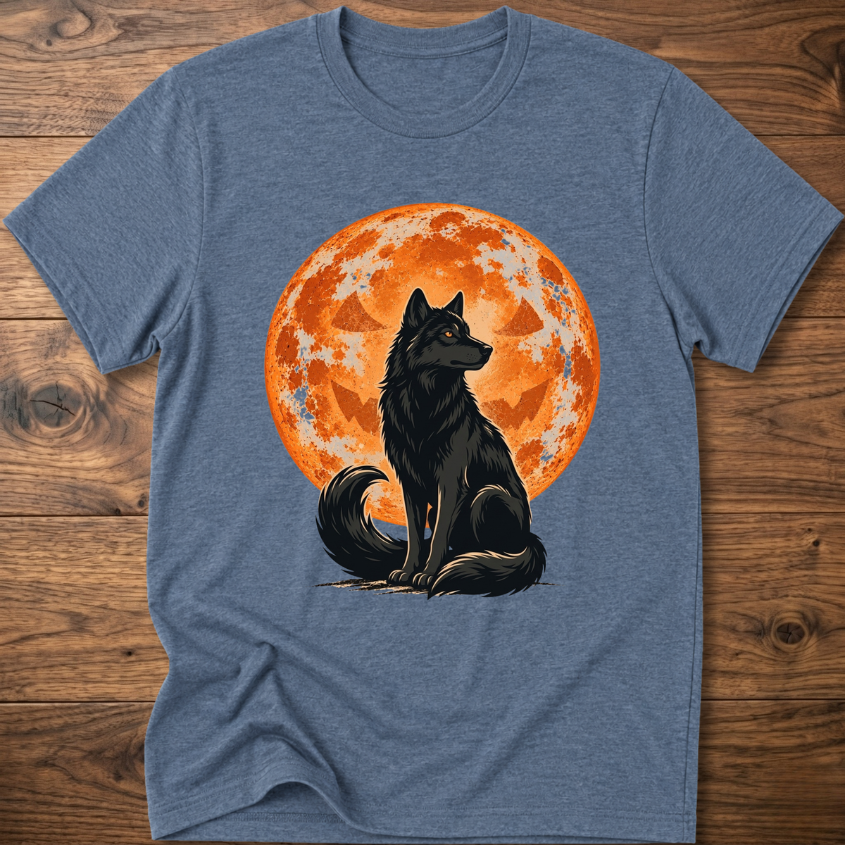 Heather blue-gray crew-neck t-shirt with black wolf under orange full moon graphic