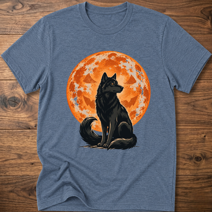 Heather blue-gray crew-neck t-shirt with black wolf under orange full moon graphic