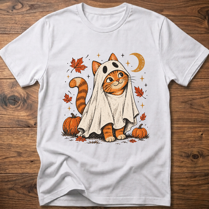 Cat graphic T-shirt, white crew neck short sleeves with orange ghost cat print