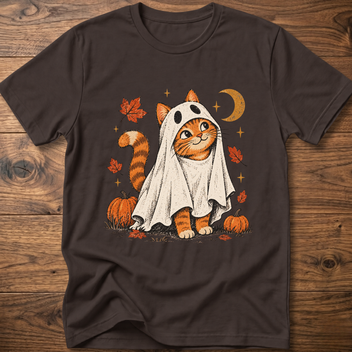 Cat graphic T-shirt, dark brown crew neck short sleeves with orange ghost cat print