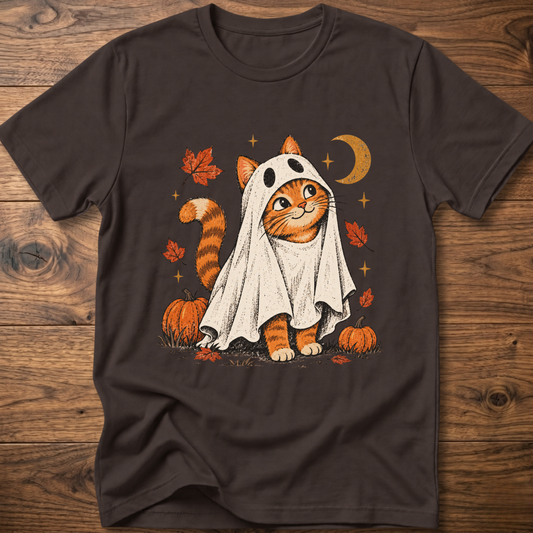 Cat graphic T-shirt, dark brown crew neck short sleeves with orange ghost cat print