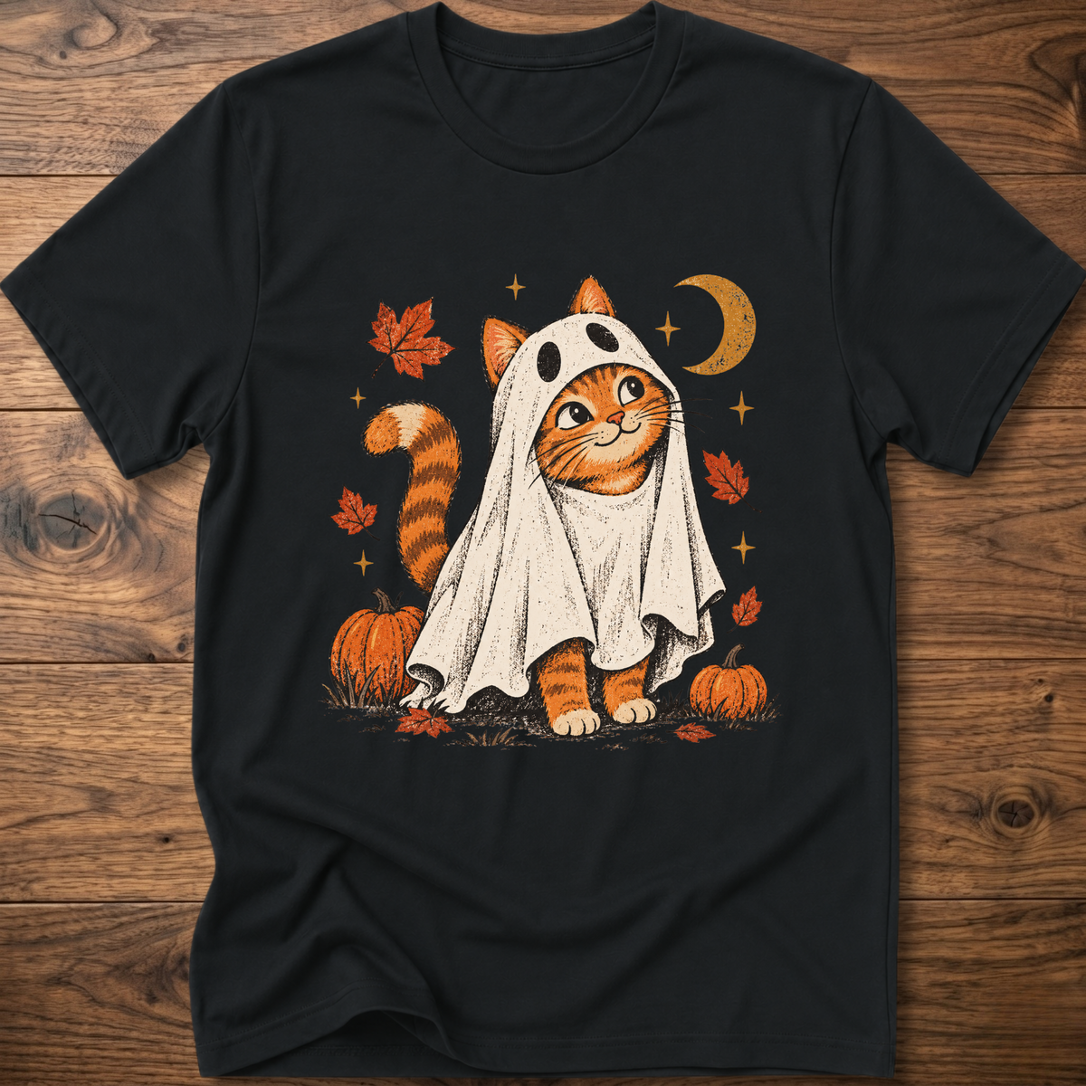 Cat graphic T-shirt, black crew neck short sleeves with orange ghost cat print
