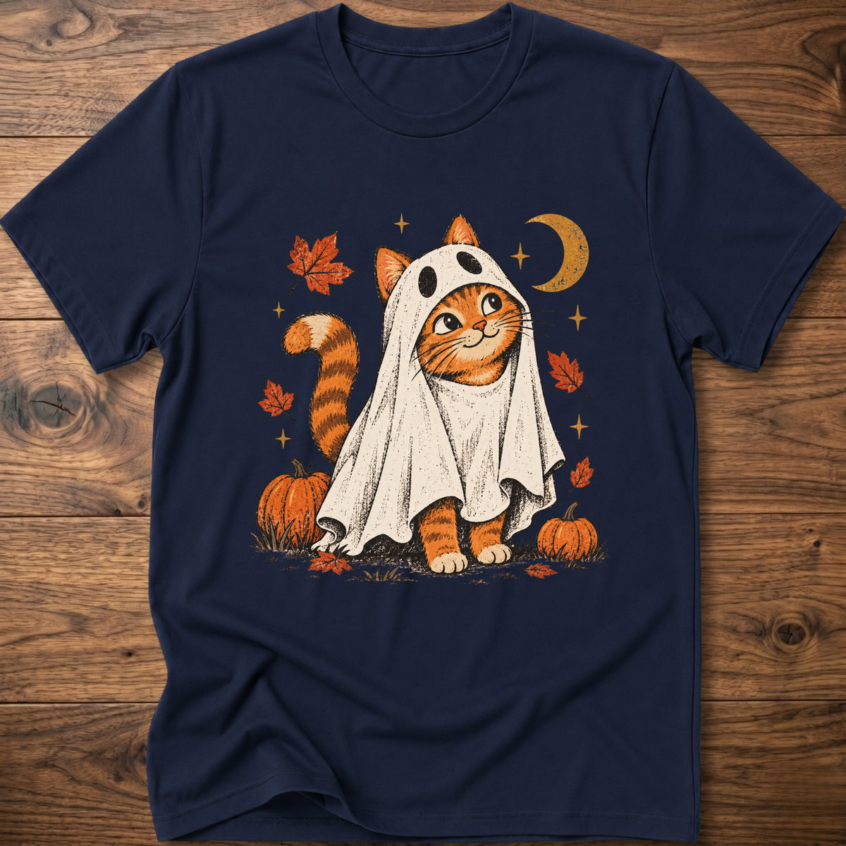 Cat graphic T-shirt, navy crew neck short sleeves with orange ghost cat print