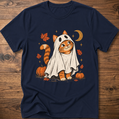 Cat graphic T-shirt, navy crew neck short sleeves with orange ghost cat print