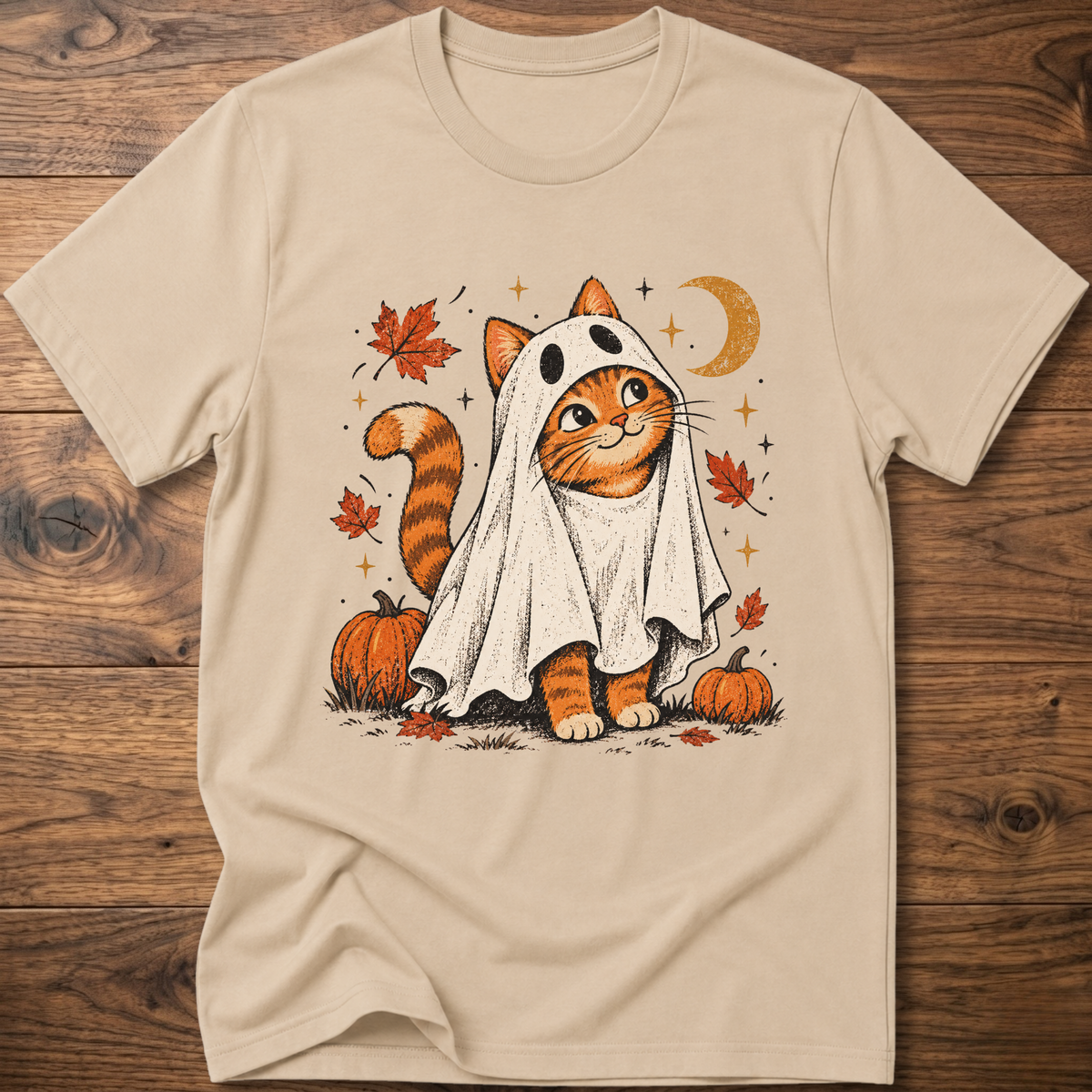 Cat graphic T-shirt, sand crew neck short sleeves with orange ghost cat print