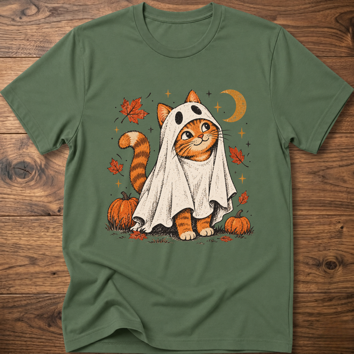 Cat graphic T-shirt, military green crew neck short sleeves with orange ghost cat print