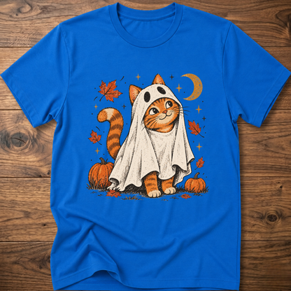 Cat graphic T-shirt, royal blue crew neck short sleeves with orange ghost cat print