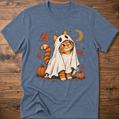Cat graphic T-shirt, heather indigo crew neck short sleeves with orange ghost cat print