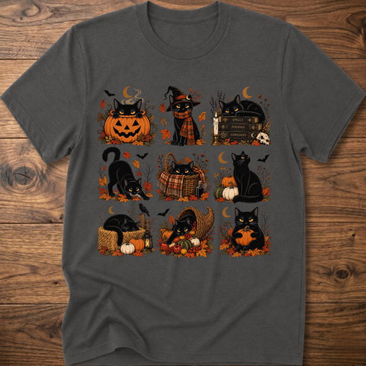 Halloween black cat graphic T-shirt, charcoal gray with colorful pumpkin cat print