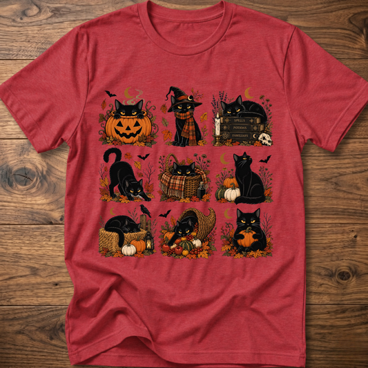 Halloween black cat graphic T-shirt, heather red with colorful pumpkin cat print