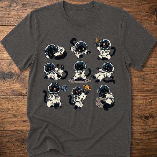 Charcoal cats astronaut graphic T-shirt with crew neck and short sleeves