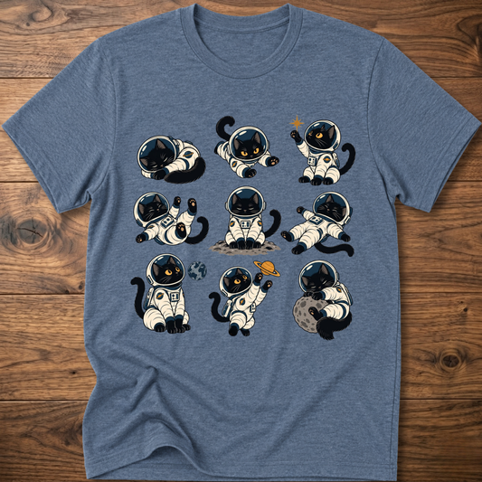 Heather blue cats astronaut graphic T-shirt, crew neck short sleeves