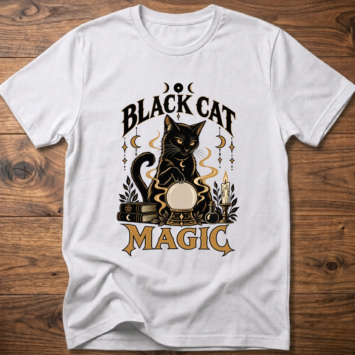 White T-shirt with front graphic of a black cat and “Black Cat Magic” text.