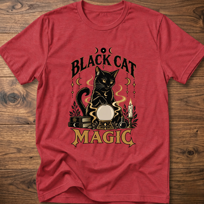 Heather red T-shirt with front graphic of a black cat and “Black Cat Magic” text.