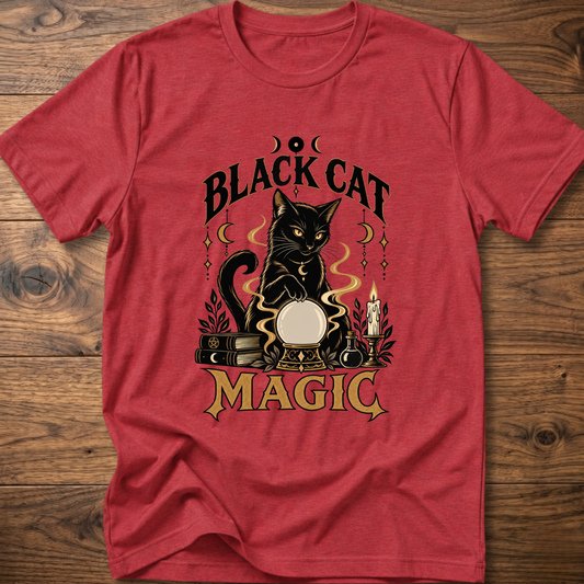 Heather red T-shirt with front graphic of a black cat and “Black Cat Magic” text.