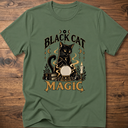 Military green T-shirt with front graphic of a black cat and “Black Cat Magic” text.