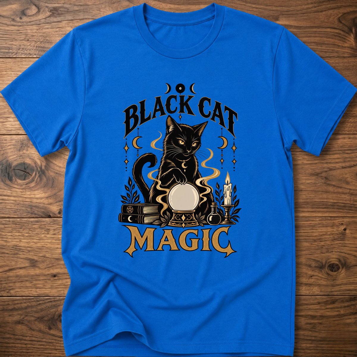 Royal blue T-shirt with front graphic of a black cat and “Black Cat Magic” text.
