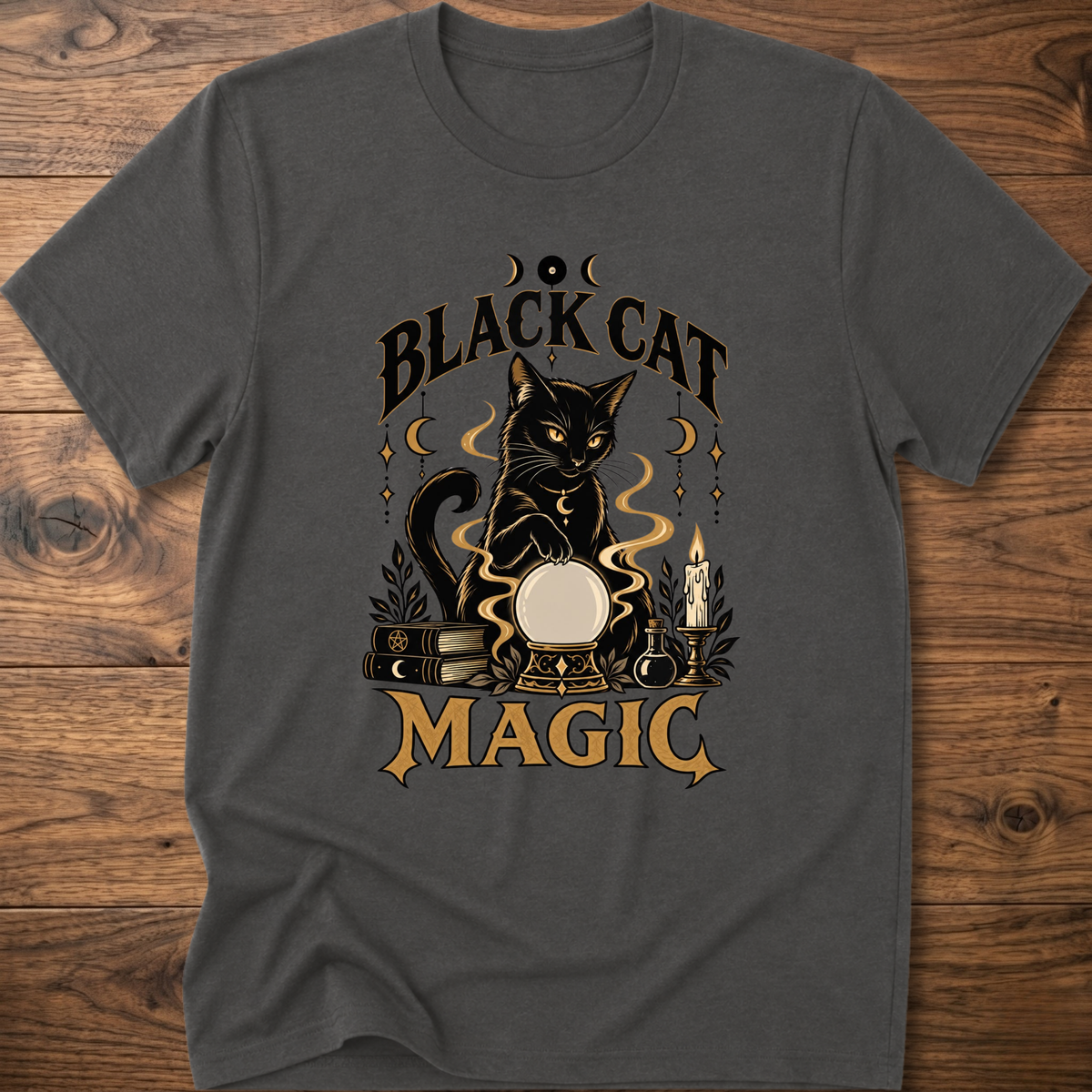 Charcoal gray T-shirt with front graphic of a black cat and “Black Cat Magic” text.