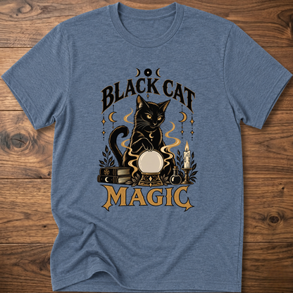 Heather blue T-shirt with front graphic of a black cat and “Black Cat Magic” text.