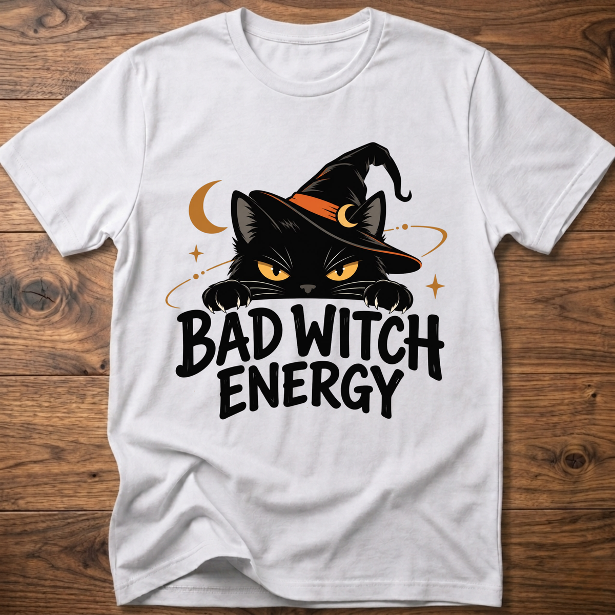 White crewneck t-shirt with cat witch graphic and "Bad Witch Energy" text