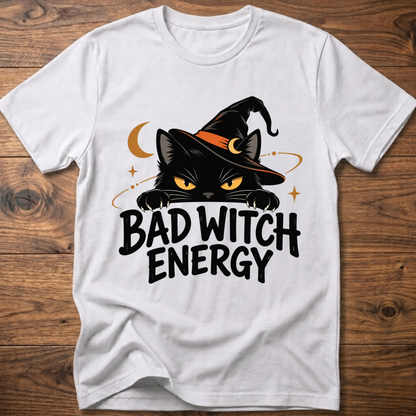 White crewneck t-shirt with cat witch graphic and "Bad Witch Energy" text