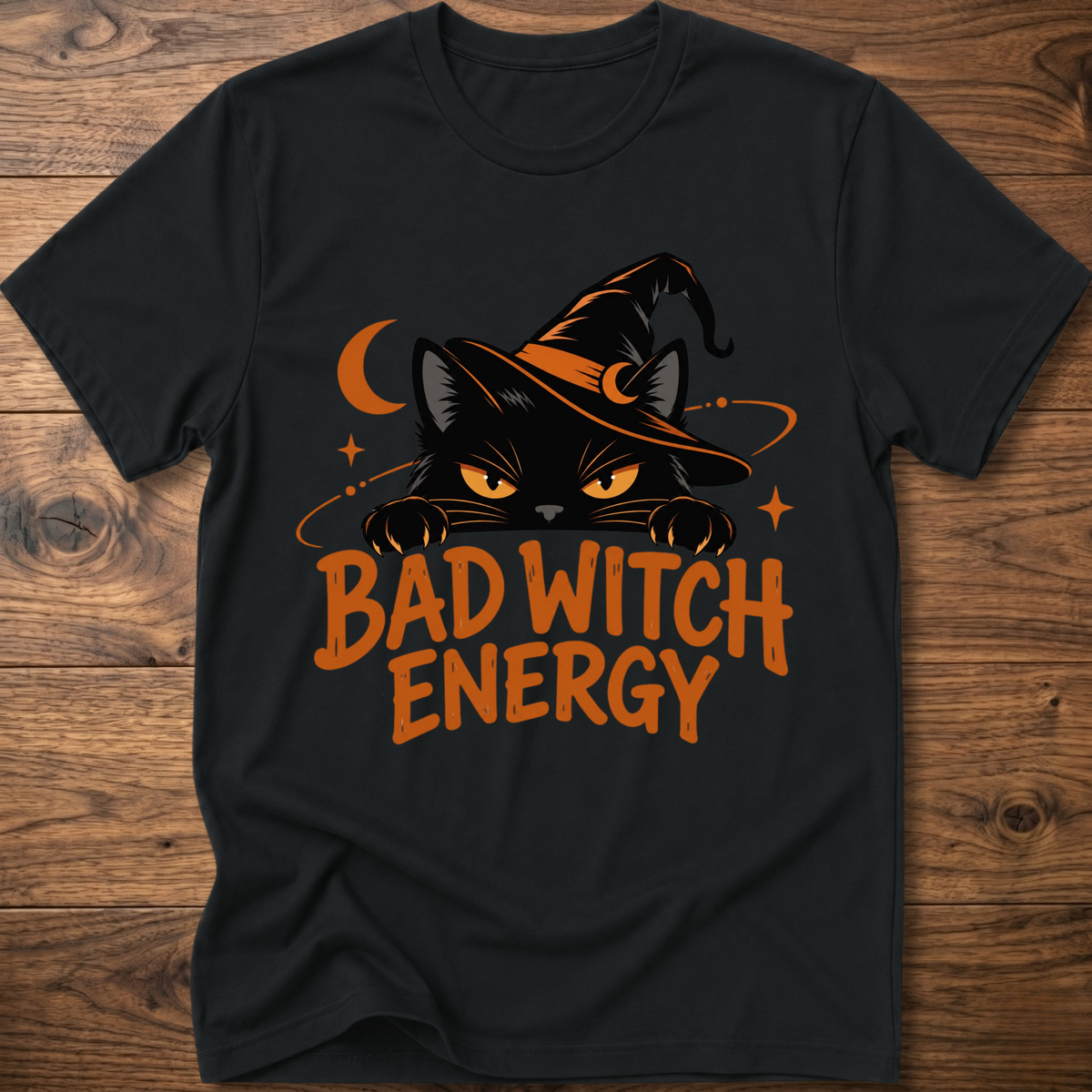 Black crewneck t-shirt with cat witch graphic and "Bad Witch Energy" text