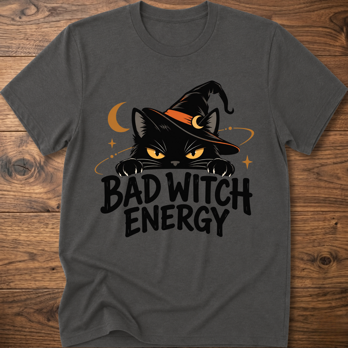 Charcoal gray crewneck t-shirt with cat witch graphic and "Bad Witch Energy" text