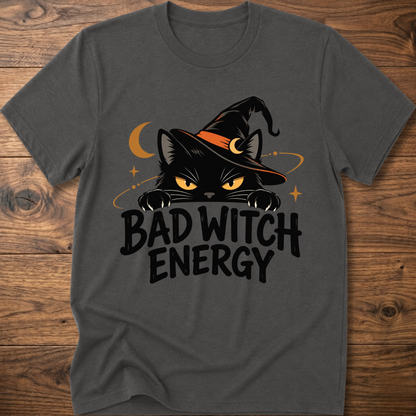 Charcoal gray crewneck t-shirt with cat witch graphic and "Bad Witch Energy" text